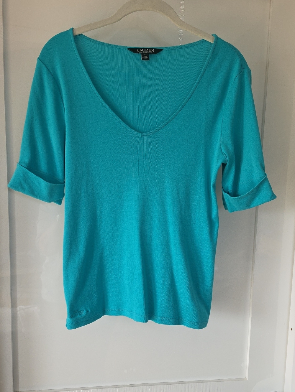 Ralph Lauren Short-Sleeve V-Neck Knit Top in Turquoise